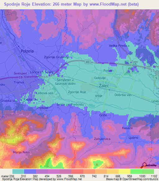 Spodnje Roje,Slovenia Elevation Map