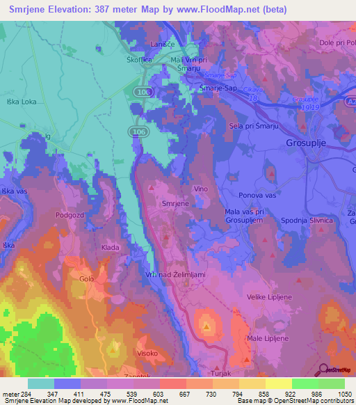 Smrjene,Slovenia Elevation Map