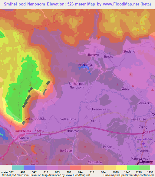 Smihel pod Nanosom,Slovenia Elevation Map