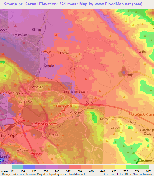 Smarje pri Sezani,Slovenia Elevation Map