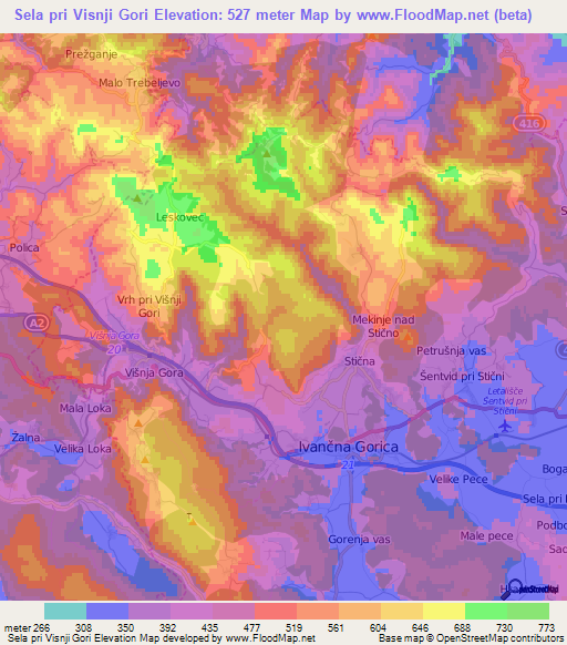 Sela pri Visnji Gori,Slovenia Elevation Map