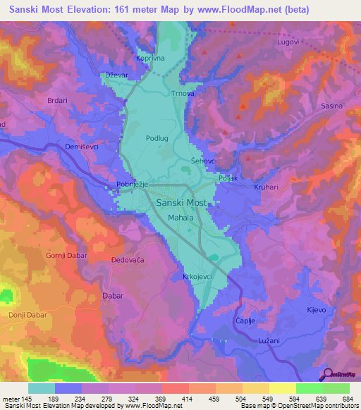 Sanski Most,Bosnia and Herzegovina Elevation Map