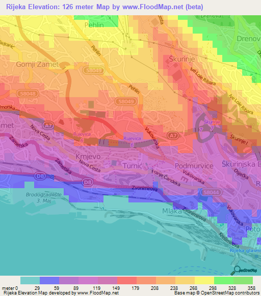 Rijeka,Croatia Elevation Map