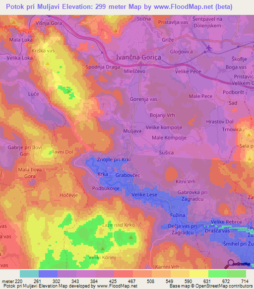 Potok pri Muljavi,Slovenia Elevation Map