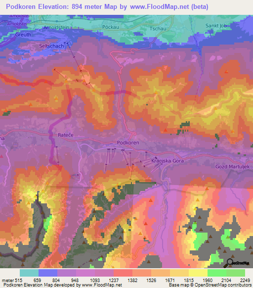 Podkoren,Slovenia Elevation Map