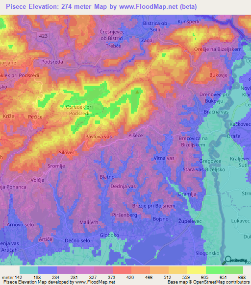 Pisece,Slovenia Elevation Map