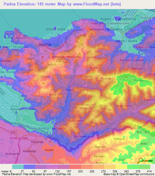 Padna,Slovenia Elevation Map