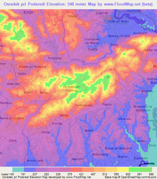 Osredek pri Podsredi,Slovenia Elevation Map