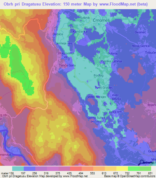 Obrh pri Dragatusu,Slovenia Elevation Map