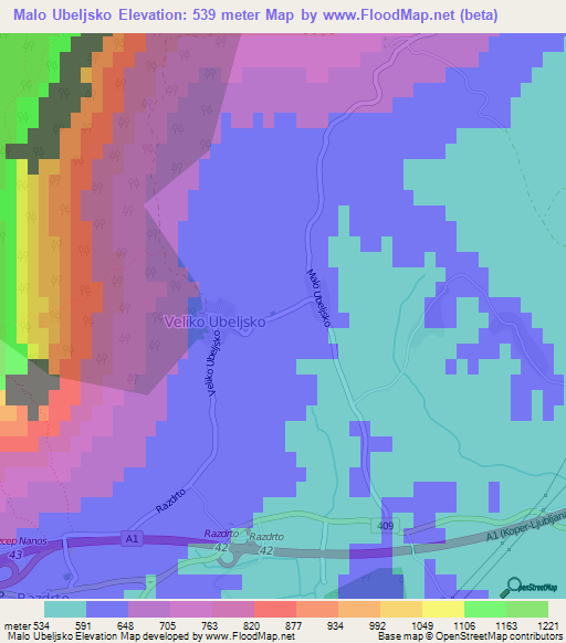 Malo Ubeljsko,Slovenia Elevation Map