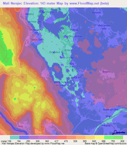 Mali Nerajec,Slovenia Elevation Map