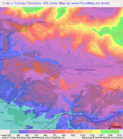 Loke v Tuhinju,Slovenia Elevation Map