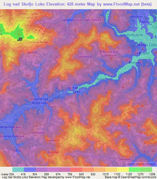 Log nad Skofjo Loko,Slovenia Elevation Map