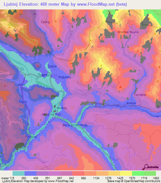 Ljubinj,Slovenia Elevation Map