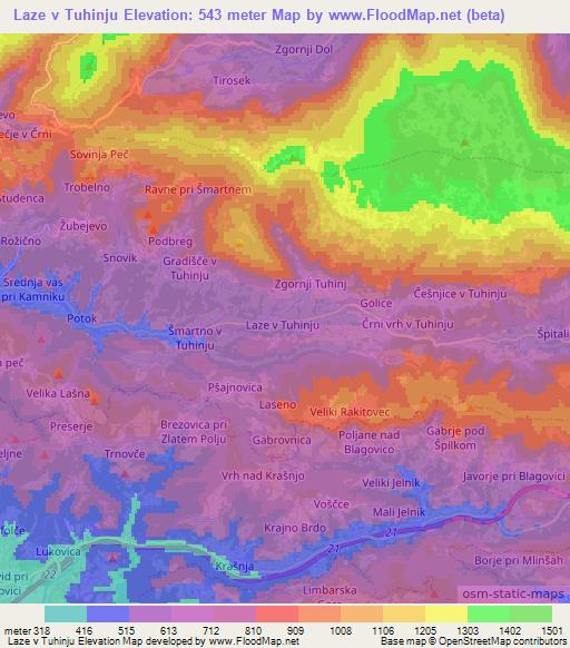 Laze v Tuhinju,Slovenia Elevation Map