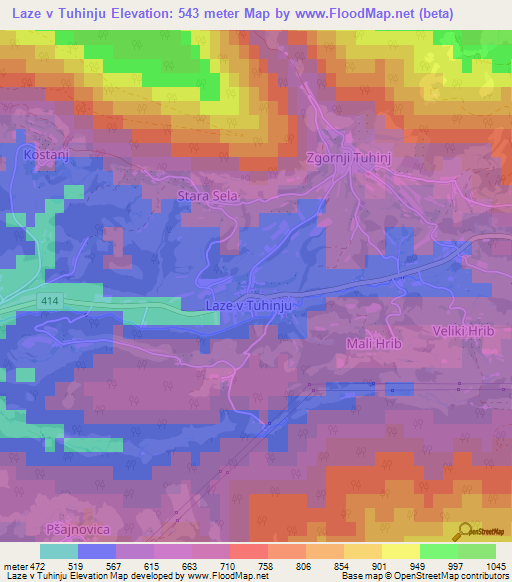 Laze v Tuhinju,Slovenia Elevation Map