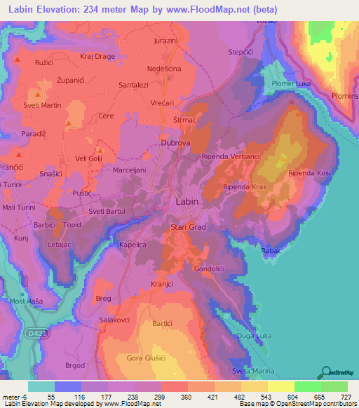 Labin,Croatia Elevation Map