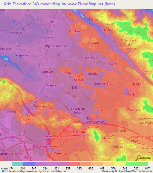 Kriz,Slovenia Elevation Map