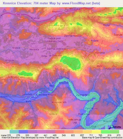 Kresnice,Slovenia Elevation Map