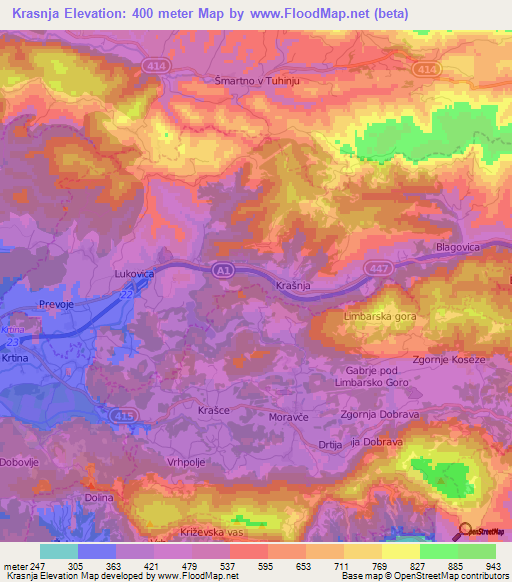 Krasnja,Slovenia Elevation Map