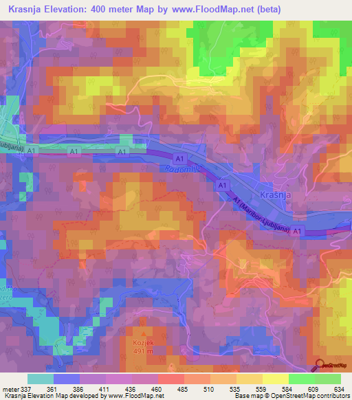 Krasnja,Slovenia Elevation Map