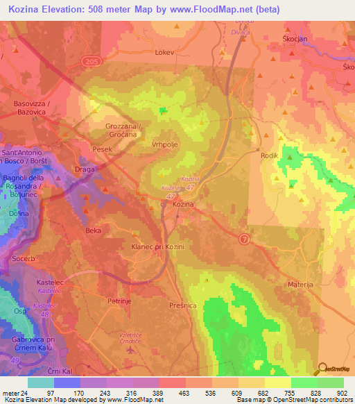 Kozina,Slovenia Elevation Map