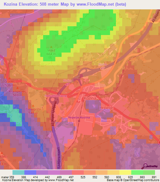 Kozina,Slovenia Elevation Map