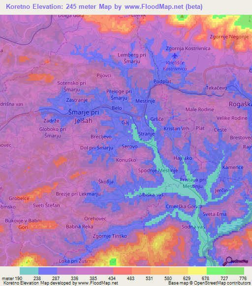 Koretno,Slovenia Elevation Map