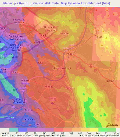 Klanec pri Kozini,Slovenia Elevation Map