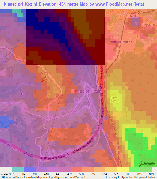 Klanec pri Kozini,Slovenia Elevation Map