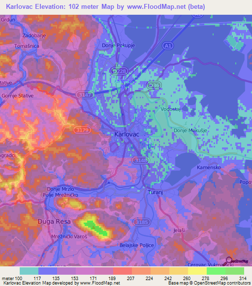 Karlovac,Croatia Elevation Map