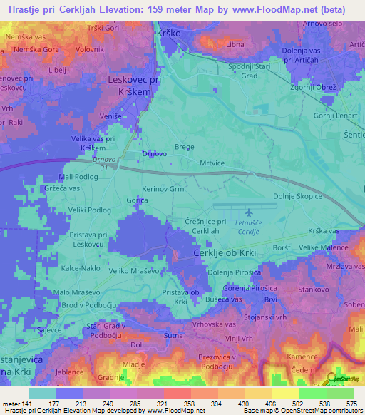 Hrastje pri Cerkljah,Slovenia Elevation Map