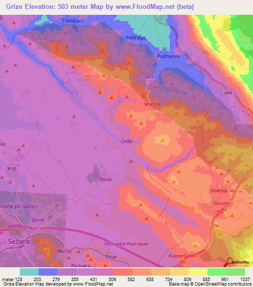 Grize,Slovenia Elevation Map