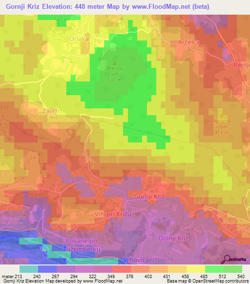 Gornji Kriz,Slovenia Elevation Map