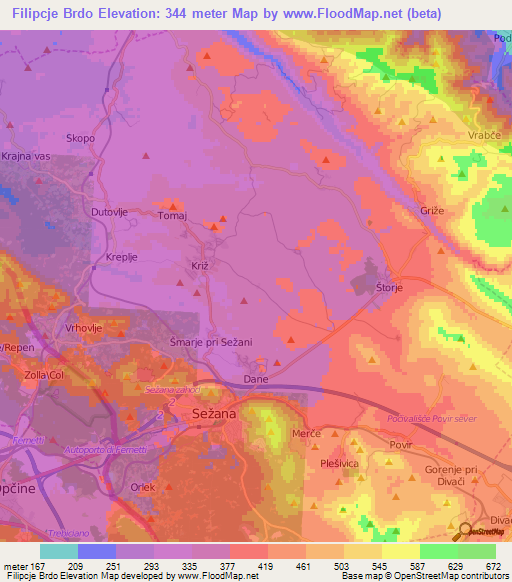 Filipcje Brdo,Slovenia Elevation Map