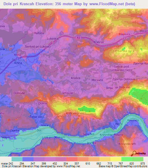 Dole pri Krascah,Slovenia Elevation Map