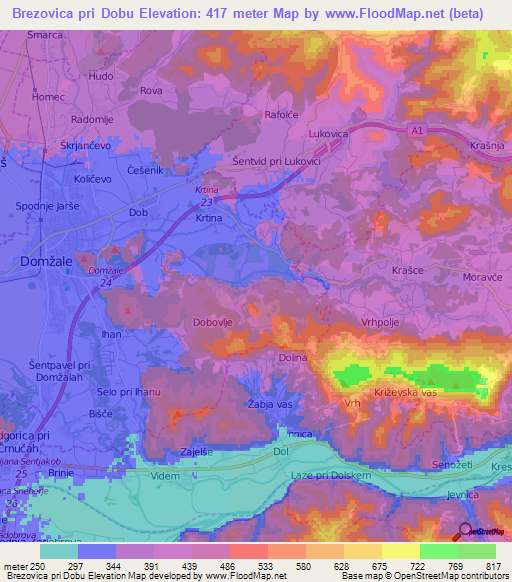 Brezovica pri Dobu,Slovenia Elevation Map