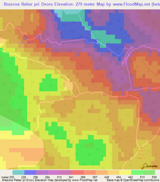 Brezova Reber pri Dvoru,Slovenia Elevation Map