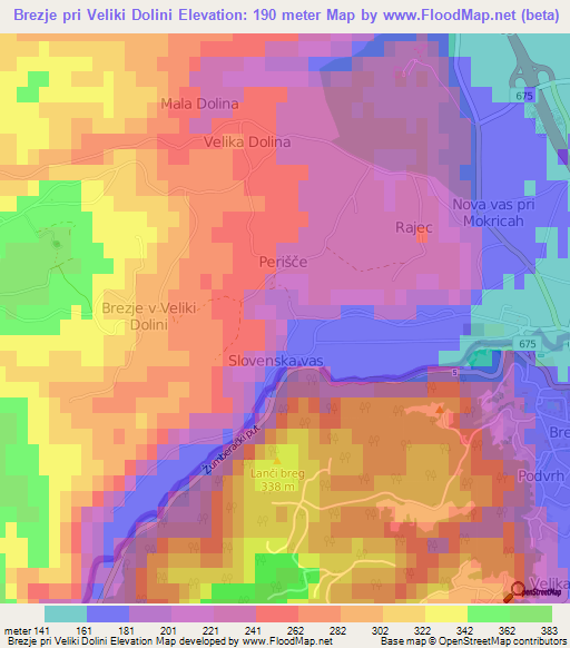 Brezje pri Veliki Dolini,Slovenia Elevation Map