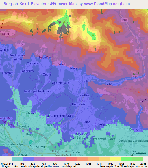 Breg ob Kokri,Slovenia Elevation Map