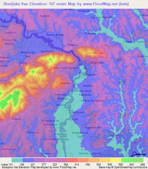 Bizeljska Vas,Slovenia Elevation Map