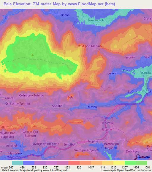 Bela,Slovenia Elevation Map