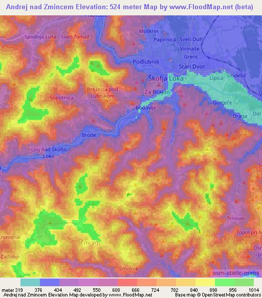 Andrej nad Zmincem,Slovenia Elevation Map