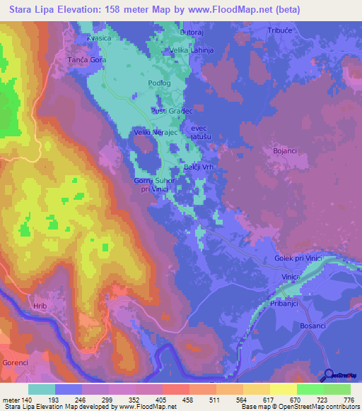 Stara Lipa,Slovenia Elevation Map