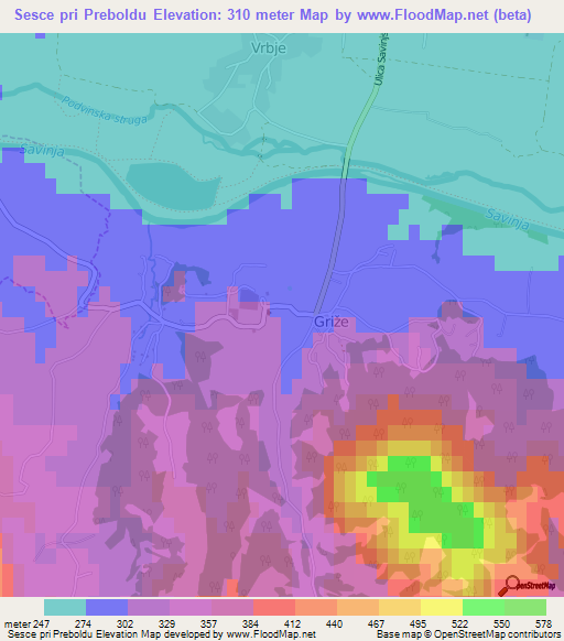 Sesce pri Preboldu,Slovenia Elevation Map