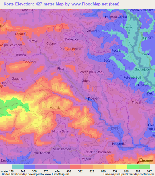 Korte,Slovenia Elevation Map