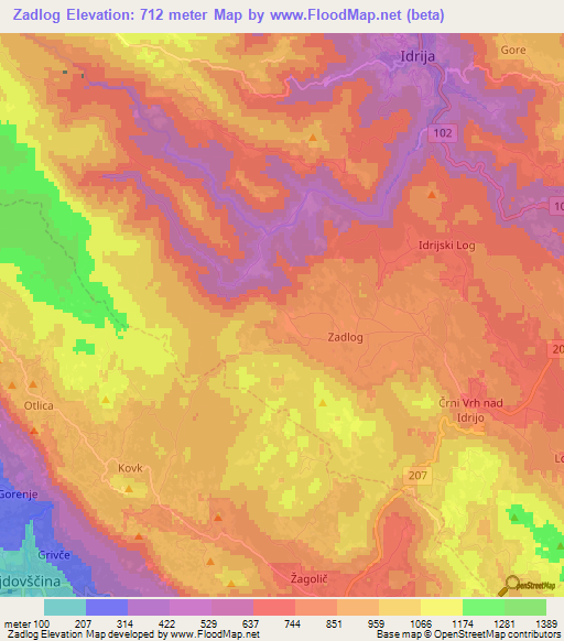 Zadlog,Slovenia Elevation Map