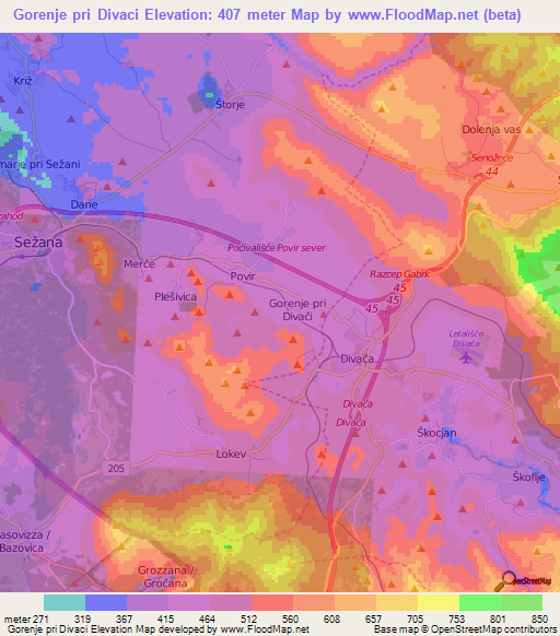 Gorenje pri Divaci,Slovenia Elevation Map