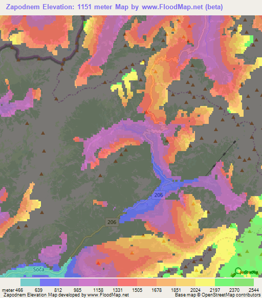 Zapodnem,Slovenia Elevation Map