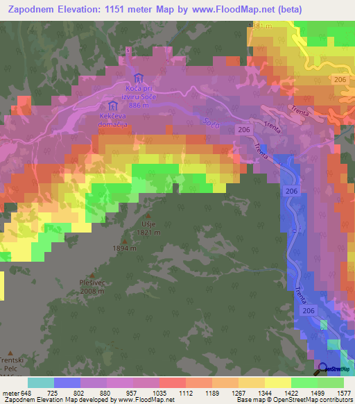 Zapodnem,Slovenia Elevation Map